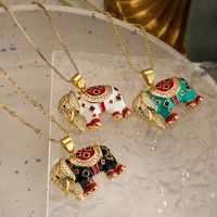 Copper 18K Gold Plated Retro Elephant Enamel Inlay Zircon Pendant Necklace main image 1