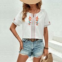 Women's Blouse Short Sleeve Blouses Embroidery Chinoiserie Vintage Style Color Block main image 1