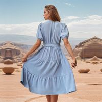 Women's Regular Dress Simple Style Standing Collar Short Sleeve Solid Color Midi Dress Selfie main image 3