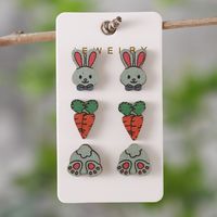 3 Pairs Cute Rabbit Cartoon Character Carrot Wood Ear Studs sku image 2