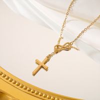 304 Stainless Steel Gold Plated Elegant Vintage Style Plating Inlay Cross Number Roman Numeral Rhinestones Pendant Necklace main image 3