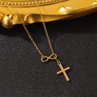 304 Stainless Steel Gold Plated Elegant Vintage Style Plating Inlay Cross Number Roman Numeral Rhinestones Pendant Necklace main image 4