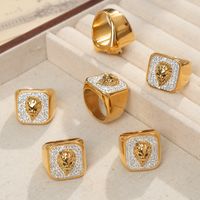 Acero Titanio Chapados en oro de 18k Estilo Vintage Animal León Embutido Tallado Diamantes De Imitación Anillos main image 4
