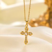 304 Stainless Steel 18K Gold Plated Vintage Style Vacation Polishing Inlay Cross Artificial Rhinestones Pendant Necklace sku image 2
