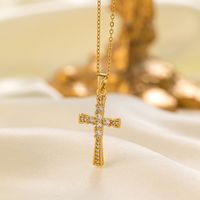 304 Stainless Steel 18K Gold Plated Vintage Style Vacation Polishing Inlay Cross Artificial Rhinestones Pendant Necklace sku image 1