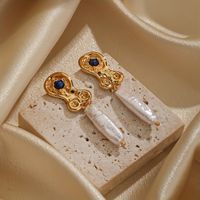 1 Pair Elegant Geometric Inlay Freshwater Pearl Copper Lapis Lazuli 18K Gold Plated Drop Earrings main image 5