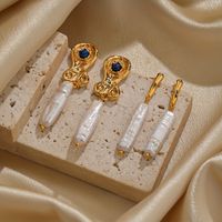 1 Par Elegante Geométrico Embutido Perlas De Agua Dulce Cobre Lapislázuli Chapado En Oro De 18 Quilates. Pendientes De Gota main image 4