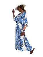 Frau Swing-Kleid Elegant V-Ausschnitt Kurzarm Drucken Maxi Langes Kleid Ferien Reisen main image 2