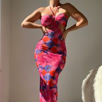 امرأة فستان الشمس جنسي البوهيمي الرقبة الرسن بلا أكمام الأزهار ديتسي فستان طويل ماكسي شاطئ بحر main image 1