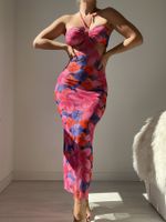 امرأة فستان الشمس جنسي البوهيمي الرقبة الرسن بلا أكمام الأزهار ديتسي فستان طويل ماكسي شاطئ بحر main image 5