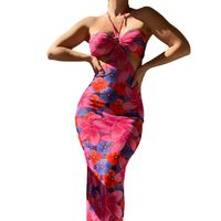 امرأة فستان الشمس جنسي البوهيمي الرقبة الرسن بلا أكمام الأزهار ديتسي فستان طويل ماكسي شاطئ بحر main image 4