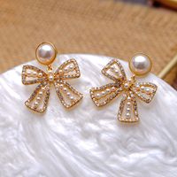 1 Pair Elegant Bow Knot Inlay Copper Pearl 18K Gold Plated Drop Earrings main image 3