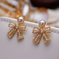 1 Pair Elegant Bow Knot Inlay Copper Pearl 18K Gold Plated Drop Earrings main image 4