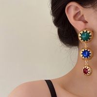 1 Pair Vintage Style Simple Style Round Inlay Alloy Artificial Gemstones 18K Gold Plated Drop Earrings main image 3
