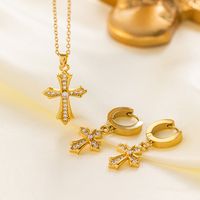 304 Stainless Steel Copper 18K Gold Plated IG Style British Style Commute Polishing Inlay Cross Artificial Rhinestones Earrings Necklace main image 1