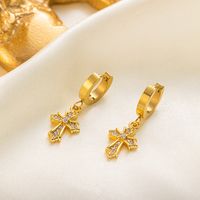 304 Stainless Steel Copper 18K Gold Plated IG Style British Style Commute Polishing Inlay Cross Artificial Rhinestones Earrings Necklace main image 5