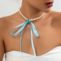 Retro Bow Knot Imitation Pearl Flannel Beaded Women's Bracelets Necklace sku image 4