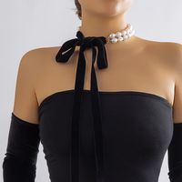 Retro Bow Knot Imitation Pearl Flannel Beaded Women's Bracelets Necklace sku image 7