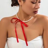 Retro Bow Knot Imitation Pearl Flannel Beaded Women's Bracelets Necklace sku image 3