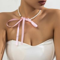 Retro Nudo De Lazo Perla De Imitación Franela Con Cuentas Mujeres Pulsera Collar sku image 5