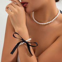 Retro Bow Knot Imitation Pearl Flannel Beaded Women's Bracelets Necklace sku image 1