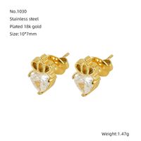 1 Pair Queen Shiny Heart Shape Crown Inlay 304 Stainless Steel Zircon 18K Gold Plated Ear Studs main image 2