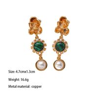 1 Pair Elegant Vintage Style Flower Inlay Copper Artificial Pearls Malachite 18K Gold Plated Drop Earrings main image 2