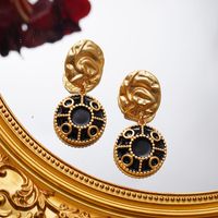 1 Pair Elegant Vintage Style French Style Round Enamel Pleated Alloy 18K Gold Plated Drop Earrings main image 5