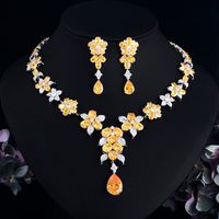 Copper White Gold Plated Elegant Shiny Inlay Water Droplets Flower Artificial Gemstones Jewelry Set sku image 1