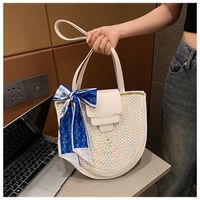 Women's Small Cotton Color Block Vintage Style Classic Style Magnetic Buckle Straw Bag sku image 1