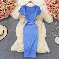 Femmes Robe Fourreau Robe Fendue Décontractée Col Carré Manche Courte Couleur Unie Maxi Longue Robe Du Quotidien main image 2