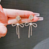 1 Pair IG Style Sweet Flower Bow Knot Plating Chain Inlay Alloy Rhinestones Pearl Drop Earrings main image 4
