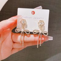 1 Pair IG Style Sweet Flower Bow Knot Plating Chain Inlay Alloy Rhinestones Pearl Drop Earrings sku image 1