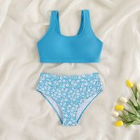 Girl'S Ditsy Floral Solid Color Crop Top Kids Swimwear main image 5