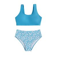 Girl'S Ditsy Floral Solid Color Crop Top Kids Swimwear main image 3