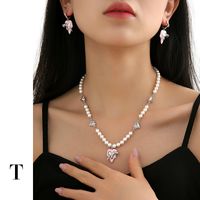 Sweet Heart Shape Imitation Pearl Brass Enamel White Gold Plated Women's Earrings Necklace main image 4