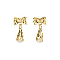 1 Pair Retro Bow Knot Inlay Copper Pearl Zircon 18K Gold Plated Drop Earrings main image 3