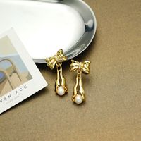 1 Pair Retro Bow Knot Inlay Copper Pearl Zircon 18K Gold Plated Drop Earrings main image 2