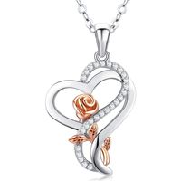Copper Sweet Leaf Heart Shape Flower Inlay Rhinestones Pendant Necklace main image 5