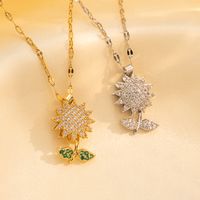 Stainless Steel 18K Gold Plated Shiny Sunflower Inlay Zircon Pendant Necklace main image 6