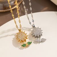Stainless Steel 18K Gold Plated Shiny Sunflower Inlay Zircon Pendant Necklace main image 4
