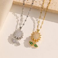 Stainless Steel 18K Gold Plated Shiny Sunflower Inlay Zircon Pendant Necklace main image 5