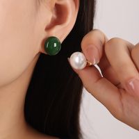 1 Pair Elegant Retro French Style Round Enamel Inlay Copper Artificial Pearls 18K Gold Plated Ear Studs main image 8