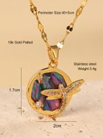 Stainless Steel 18K Gold Plated IG Style Luxurious Round Dragonfly Painted Inlay Shell Zircon Pendant Necklace main image 2