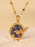 Stainless Steel 18K Gold Plated IG Style Luxurious Round Dragonfly Painted Inlay Shell Zircon Pendant Necklace main image 3