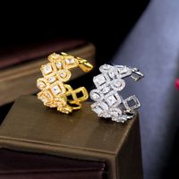 Copper K Gold Plated IG Style Hip-Hop Korean Style Hollow Out Inlay Rhombus Zircon Open Rings main image 3