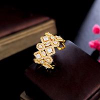 Copper K Gold Plated IG Style Hip-Hop Korean Style Hollow Out Inlay Rhombus Zircon Open Rings main image 5