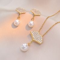 Copper Brass Casual Punk Round Ginkgo Leaf Plating Inlay Pearl Zircon Jewelry Set main image 1