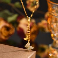 Stainless Steel Copper 18K Gold Plated Pastoral Shiny Butterfly Zircon Pendant Necklace main image 7
