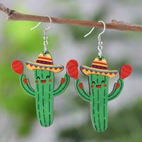 1 Pair Retro Cactus Cartoon Plant Wood Drop Earrings main image 7
